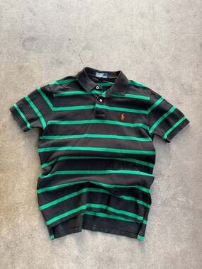 Vintage Polo Ralph Lauren Black and Green Striped Short Sleeve Polo Shirt